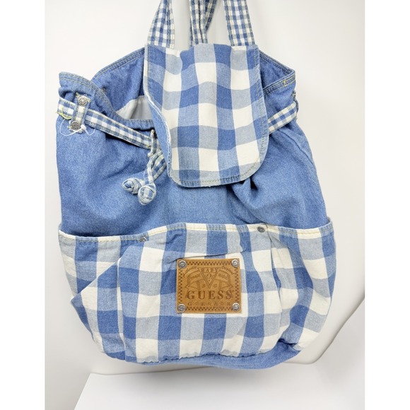 Vintage Baby Guess Denim Gingham Backpack Purse Y2K Rare Logo Bag Blue - Picture 2 of 16